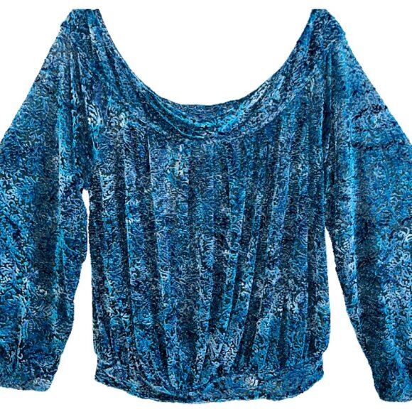 Free People Velvet Burnout Bell Sleeve Blouse Teal Sky Blue M Boho Festival - Picture 2 of 10